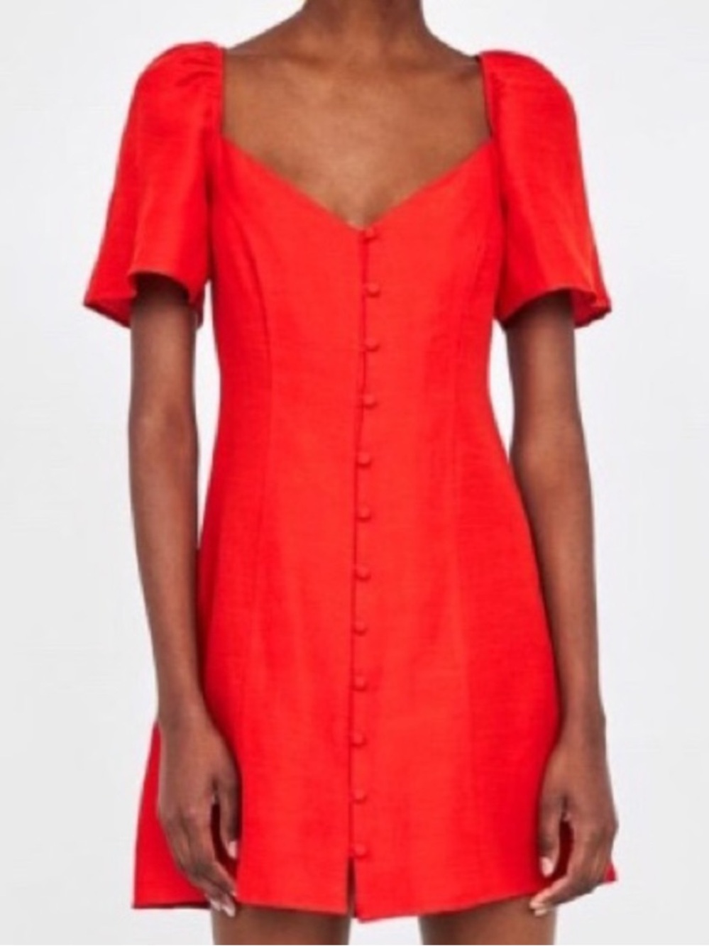 Zara Red Linen Button Mini Dress Sweetheart Neck Short Sleeve Puff Womens Large - Picture 1 of 7